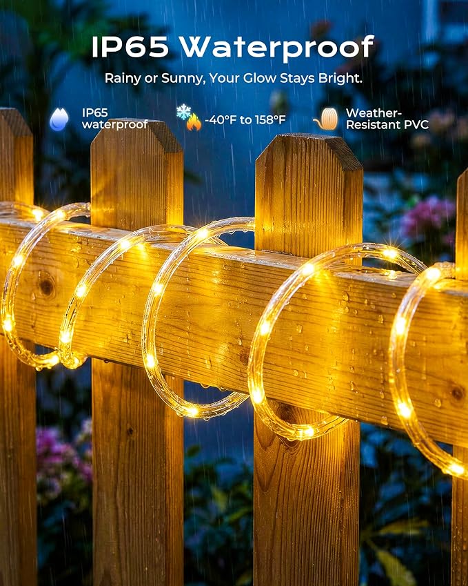 Brightown 4 Pack 39FT 100LED Warm White Solar Rope Lights Waterproof | IP65 waterproof solar fairy lights with 8 lighting modes, solar powered, perfect decor for yard, garden and outdoor tree