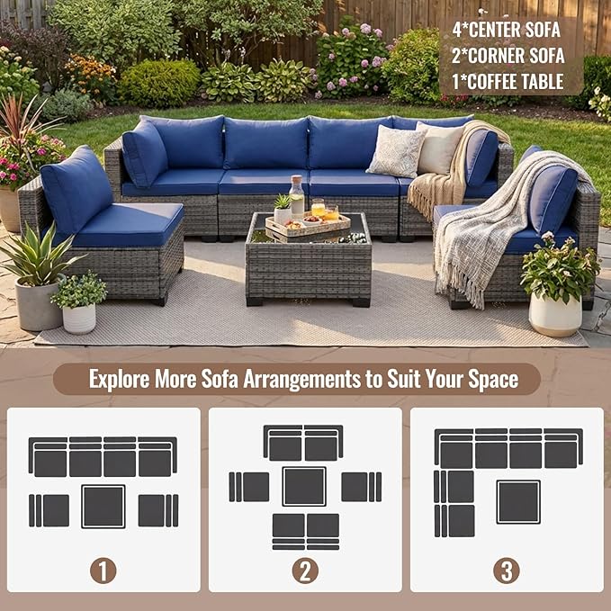 7 Pieces Outdoor Wicker Patio Furniture Sectional Set, Patio Conversation Set with Cushions & Coffee Table, All Weather PE Rattan Patio Sofa with Tea Table for Backyard Porch Garden (Navy-blue)