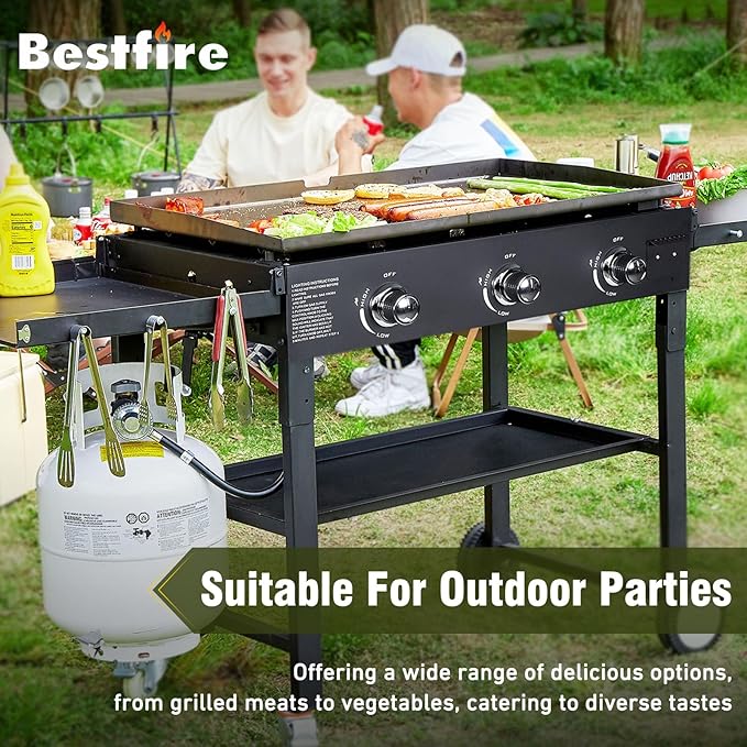 BESTFIRE 3 Burner 35" Flat Top Grill,45,000 BTU Flat Grills Outdoor Cooking with Two Foldable Shelves,Outdoor Griddle with Porcelain-Enameled Cast Iron Grate & Pan for Kitchen,BBQ& Camping