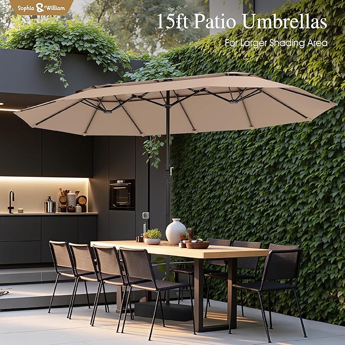 Sophia & William 15ft Extra Large Patio Umbrella with Base Included, 2-Tier Double-Sided Rectangle Outdoor Umbrella with Stand, Market Umbrella for Pool Garden Backyard, Beige&Tan