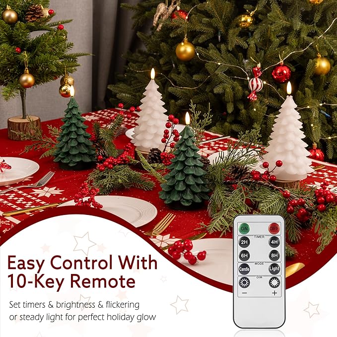 Christmas Tree Candles with Remote, 2 Pack Green Flameless Candles Battery Operated, Real Wax Flickering Christmas Led Candle Decorations for Winter Home Holiday Xmas Gift