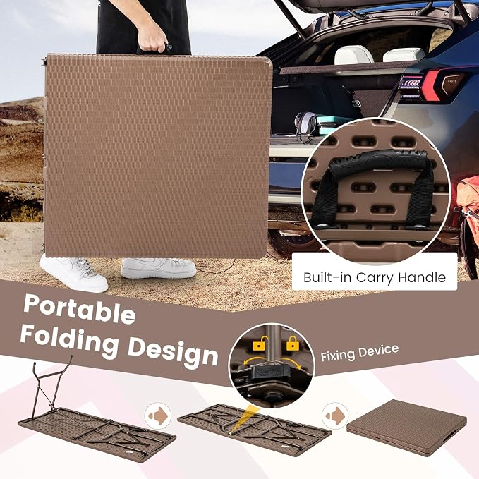 Giantex 5 FT Folding Table, HDPE Foldable Dining Table for 6, Indoor Outdoor Use for Party Banquet Wedding Picnic Camping BBQ, Fold-in-Half Portable Space Saving Design (Brown)
