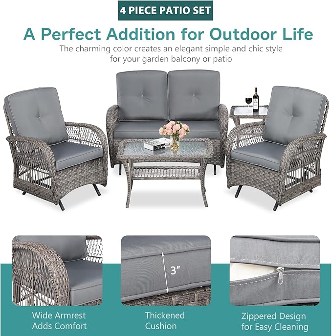 MEETWARM 5 Pieces Outdoor Wicker Patio Conversation Sets with Glider Loveseat, 2 Chairs with 2 Glass-Top Coffee Table Wicker Rocking Glider Set, Wicker Conversation Set w/Thickened Cushions, Gray