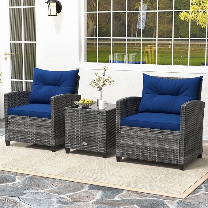 ORALNER 3 Pieces Patio Furniture Set, Outdoor Wicker Conversation Set, Rattan Chairs with Soft Cushions, Glass Coffee Table, Patio Bistro Set for Balcony Garden Deck Front Porch Poolside (Navy Blue)
