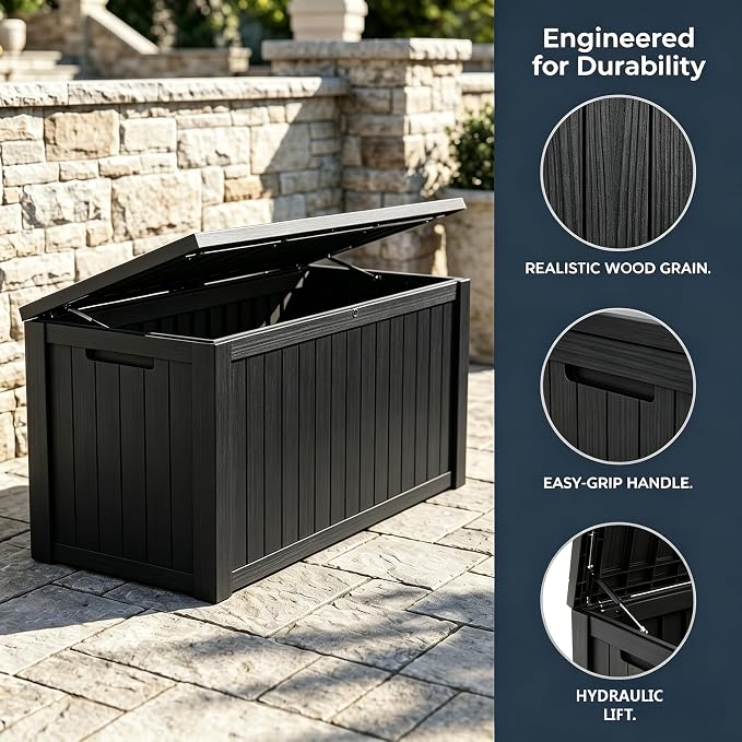 178 Gallon Resin Deck Box with Gas Lift Support – Outdoor Storage for Patio Furniture, Garden Tools & BBQ Accessories – Weatherproof Wood Grain Design with 660 Lbs Bench Seat (Lockable Lid)