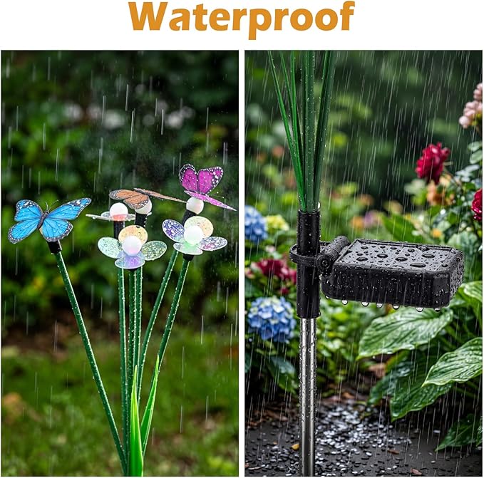 Hoikwo Solar Garden Flower Lights 4 Pack, Swaying Butterfly Flower Stakes Outdoor, Lifelike Butterflies and Flowers with 6 LED Warm Lights, Solar Lights Decor for Yard, Patio, Garden, Pathway