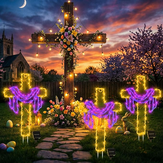 Retisee 3 Pack Easter Cross Solar Garden Lights Outdoor-12 Inch LED Lighted Cross Yard Stakes, Waterproof Solar Lamps,Religious Pathway Lawn Decorations for Easter Church Memorial Garden