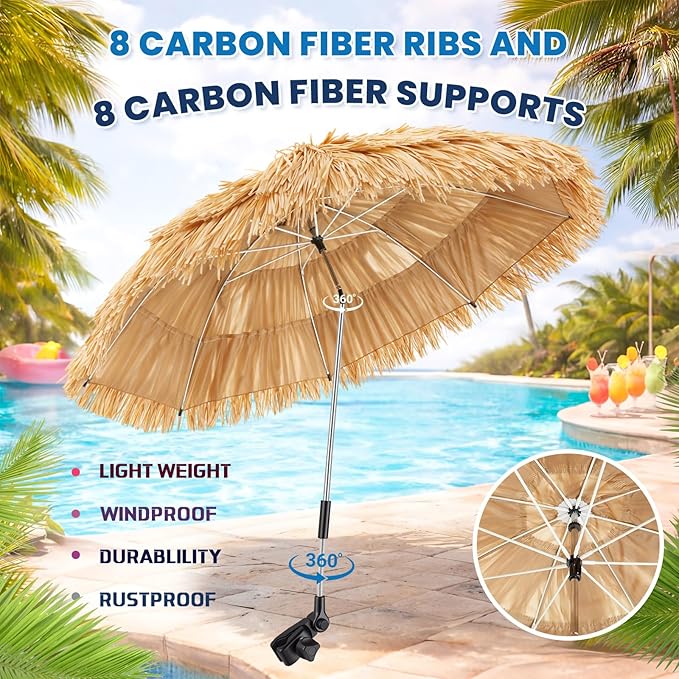 Aliceset 1 Pack Beach Chair Umbrella, 360° Adjustable Tiki Straw Clip on Umbrella, UV Protection, 52 Inch, 180° Swivel Hinge, 8 Ribs Sun Shade for Tropical Patio Camping Pool Fishing Sand Rv Travel
