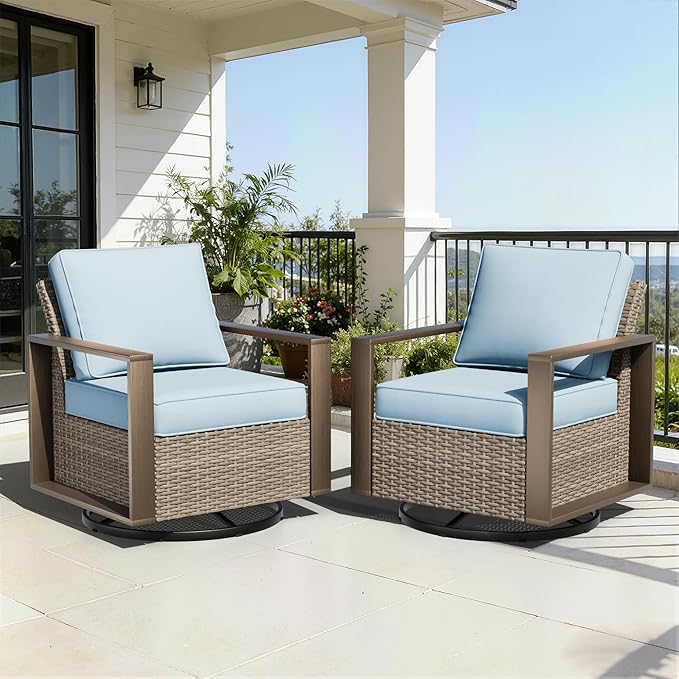 Outdoor Swivel Patio Metal Chairs Set of 2 - Porch Furniture 2 Pieces 360 Degree Glider Rockers Rattan Chairs with Washable Cushion & Metal Steel Rectangular Framed Armrest, Baby Blue
