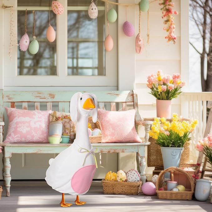 FuWeave Easter Bunny Goose Outfit for 23" Goose Costume for Cement Plastic Porch Geese Statue Spring Outdoor Garden Yard Patio Decoration, White