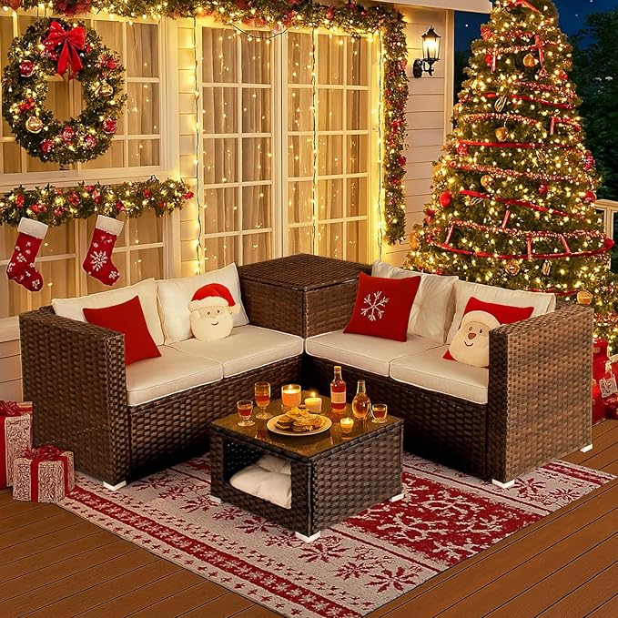 VINGLI 4 Pieces Outdoor Sectional Wicker Patio Furniture Set, Patio Sectional Sofa with Hidden Storage Outdoor Conversation Set, Glass Top Coffee Table for Backyard, Pool, Garden(Brown)