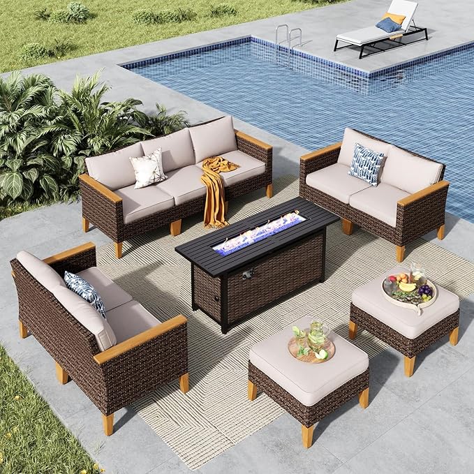 MFSTUDIO 9 Piece Wicker Patio Furniture Set with 56" Fire Pit Table, All-Weather Extra Large Rattan Patio Conversation Set, 2 x Loveseat Sofa, 2 x Ottoman, 3-Seat Sofa, Outdoor Patio Sectional Sofas
