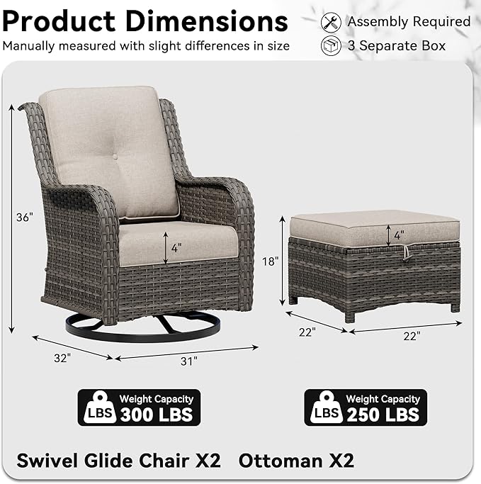 4 Piece Outdoor Wicker Patio Furniture Set, Outdoor Swivel Rocker Patio Chairs Set with Thickened Olefin Cushions, High Back and Deep Seating, Hand-Woven PE Rattan, Ottoman for Porch, Deck