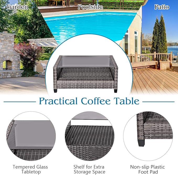 Tangkula 4 PCS Patio Wicker Conversation Furniture Set, Outdoor Rattan Sofa Set with Padded Cushion & Tempered Glass Coffee Table, Wicker Sectional Sofas & Table for Courtyard Balcony Garden (1, Grey)