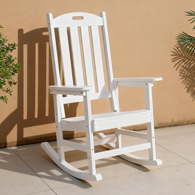 Wooden Rocking Chairs Outdoor, High Back and Armrest Porch Chair, All Weather Porch Rockers, for Porch/Garden/House Use.（White）