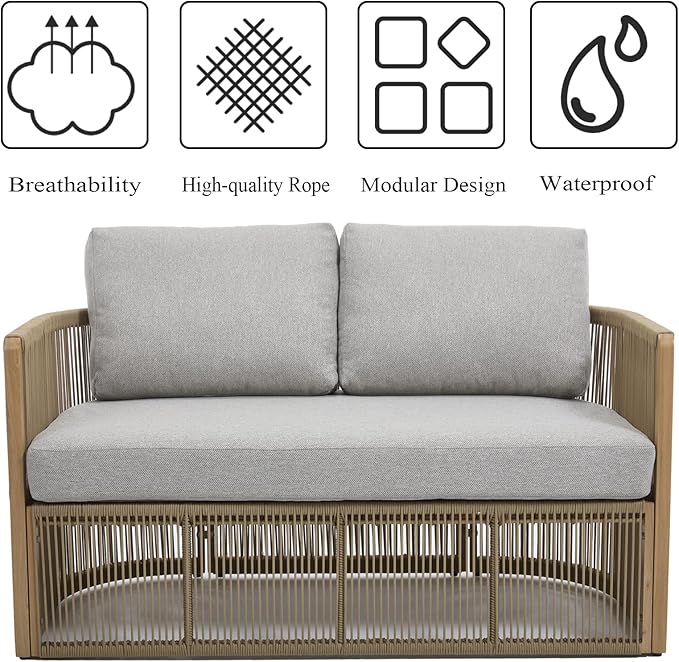 2-Seater Rope Sofa Set with Table, Patio Rope Chairs Set of 2, Rope Patio Furniture Set, Outdoor Deck Chair with Cushions, Aluminum Outdoor Loveseat in All Weather, Beige