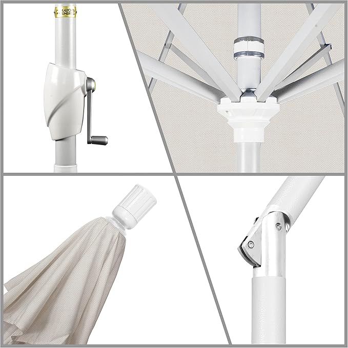 California Umbrella 9' Round Aluminum Market Umbrella, Crank Lift, Push Button Tilt, White Pole, Woven Granite Olefin
