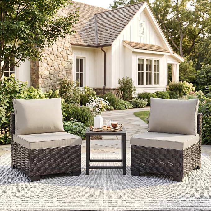 ANJ Outdoor Wicker Patio Chairs Set of 2, Modular Armless Patio Seating with Thick Cushions, All-Weather Rattan Conversation Chair Set for Porch, Balcony, Garden, Backyard, Dark Brown Wicker-Grey