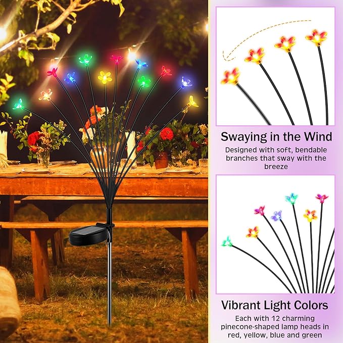 Rossesay 4 Pcs Solar Firefly Lights for Garden Swaying Lights Decoration Outdoor Garden Fairy Light for Yard Pathway Patio Lawn Waterproof Firefly Stake for Outside Holiday Decor(Flower)
