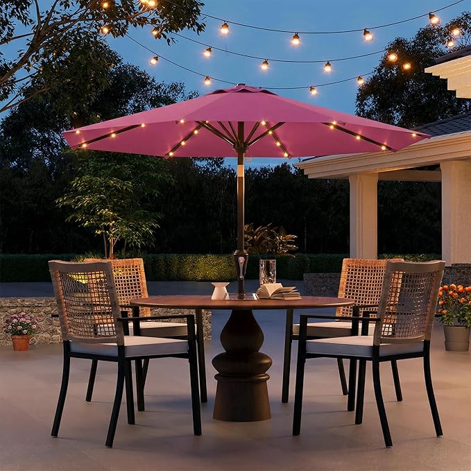 9FT Solar Umbrella 32 LED Lighted Patio Umbrella Table Market Umbrella w/Tilt and Crank, UV-Resistant Outdoor Umbrella for Pool, Garden, Deck, Rose Pink