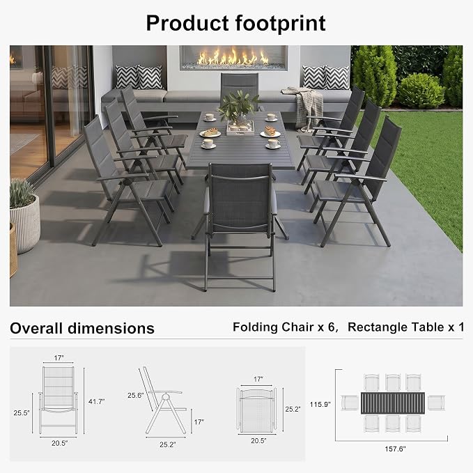 PURPLE LEAF Outdoor Dining Set for 8 Folding Patio Dining Set with Aluminum Rectangular Table and Padded Chairs All Weather Dining Table Sets for Garden Backyard Poolside, Grey
