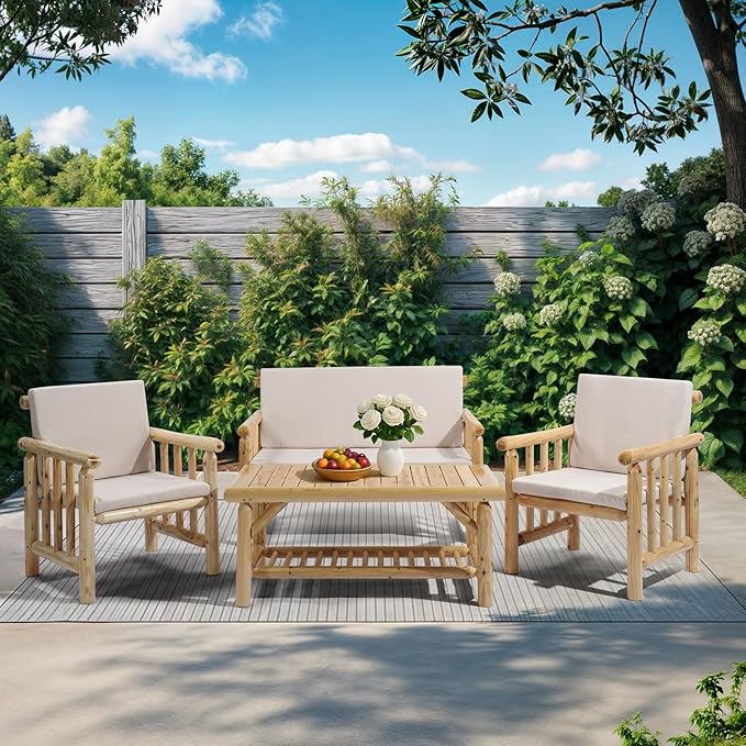 VINGLI Outdoor Patio Furniture Sets 4-Piece, Fir Wood Patio Couch Sets w/Coffee Table, Outdoor Conversation Sectional Set with Removable Cushion for Garden, Lawn, Balcony (Nature Color)