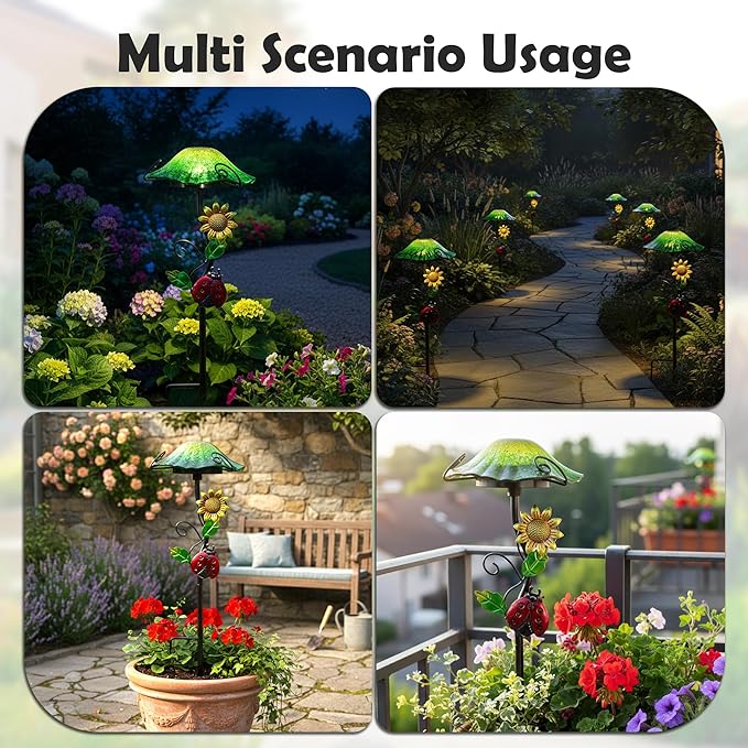 Solar Outdoor Lights Decorative Solar Glass Mushroom Lights Waterproof LED Green Garden Stake Light for Walkway Pathway Lawn Patio Yard Decorations.