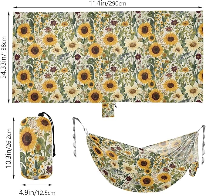 Camping Hammock Outdoor Hammocks for Outside Sunflowers Grass Beach Trees Portable Lightweight with Pockets Tree Straps Indoor