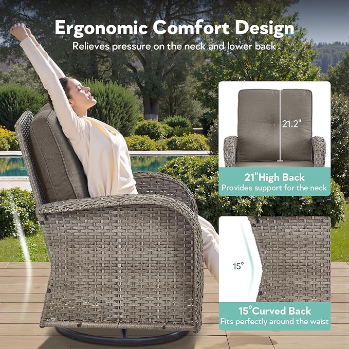 5 Piece Patio Furniture Set with Fire Pit Table - Wicker Patio Conversation Set with Swivel Glider, Glider Loveseat, Tempered Glass Side Table for Deck Backyard - Grey Wicker Grey Cushion