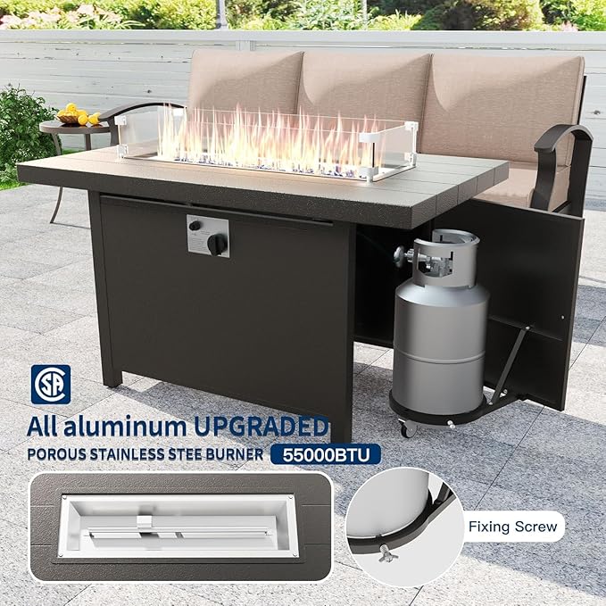 Kullavik Aluminum Patio Furniture Set with Propane Fire Pit Table,7-seat Metal Outdoor Furniture w/Swivel Chairs, Patio Sectional Sofas w/2 Ottomans for Porch,Backyard,Poolside-Sand