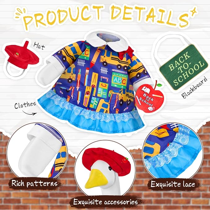 1 Set Back to School Porch Goose Outfit for 23 Inch Lawn Goose Statue | School-Themed Goose Clothes with Dress,Hat,Neck Sign,Apple Felt Sticker & Glue Dots for Patio,Yard,Classroom or Garden Decor