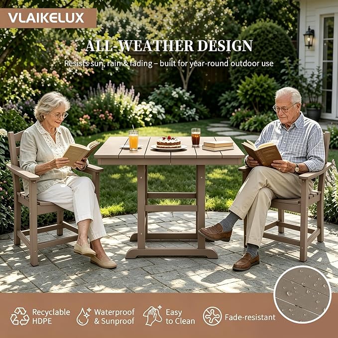 Outdoor Patio Dining Square Table and Armchair 3 Piece Set, Brown | HDPE Material, 1.77" Umbrella Hole, All-Weather, Patio Furniture, Table and 2 Chairs, For Backyard, Deck, Garden