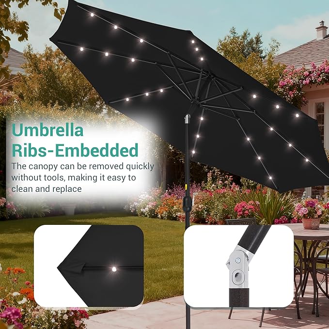 9ft Patio Umbrella Outdoor with Solar Lights,32 LED Lighted Table Market Umbrella with Tilt and Crank, 2-Year-Non-Fading, 8 Sturdy Ribs,for Pool, Deck, Garden,Backyard