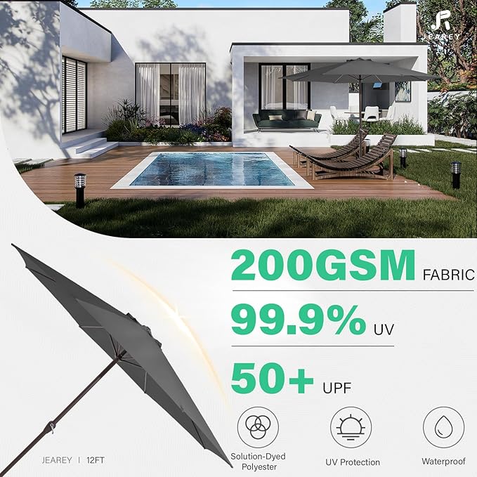 JEAREY 12' Patio Umbrellas Outdoor Table Market Umbrella w/Crank, 8 Sturdy Ribs, UV Protection Windproof for Garden, Deck, Backyard, Pool(Gray)