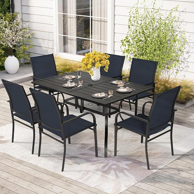Crownland 7 Piece Patio Dining Set, Outdoor Textilene Dining Sets, 6 Textilene Metal Chairs and Rectangular Outdoor Dining Table with 1.57" Umbrella Hole (Blue)