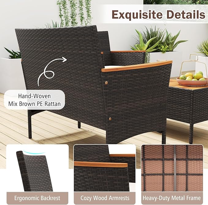 Tangkula 8 Pieces Patio Wicker Sofa Set, 2 Rattan Chairs & Loveseat w/Coffee Table, Acacia Wood Armrests & Tabletop, Outdoor Cushioned Conversation Set for Backyard, Poolside (2)