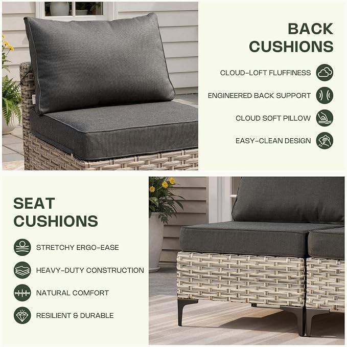 8 Pieces Patio Furniture Set, Outdoor Conversation Set with 360° Swivel Rocker Chairs, Wicker Sectional Sofa & Solar Powered Lighted Table, High Back Outdoor Furniture for Backyard & Deck, Black