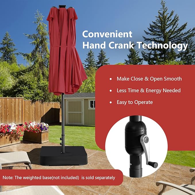 Tangkula 15 Ft Burgundy Twin Patio Umbrella with 48 LED Lights, Hand-Crank System for Poolside, Garden & Backyard Use