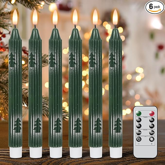 Wondise Christmas Flameless Taper Candles with Remote and Timer, Battery Operated 3D Wick Real Wax LED Candles with Painted Christmas Tree 6 Packs for Christmas Holiday Decor(0.78 x 9.45 Inch)