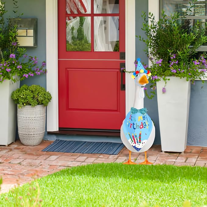 Birthday Outfit Set for Porch Goose Statue 23"& 17" - Party Bandana, Hat & Bow Tie for Outdoor Yard Decor, Cement Goose