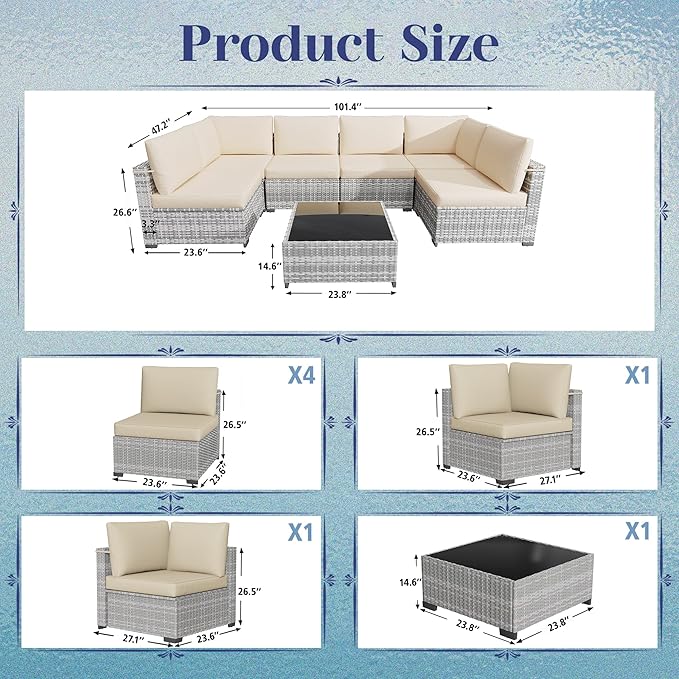 KIGOTY Patio Furniture Set with Fire Pit Table, 8 Pieces Outdoor Furniture Set with 43in Gas Fire Pit and Coffee Table, PE Rattan Patio Conversation Sofa Sets, Patio Sectional Sofa（Grey White/White）