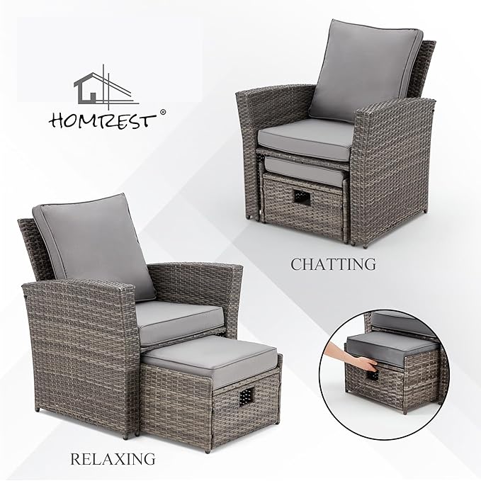 HOMREST 6 Piece Patio Conversation Set, Outdoor Sectional Conversation Rattan Sofa Set with Ottoman and Outdoor Storage Table for Garden, Porch, Backyard (Grey)