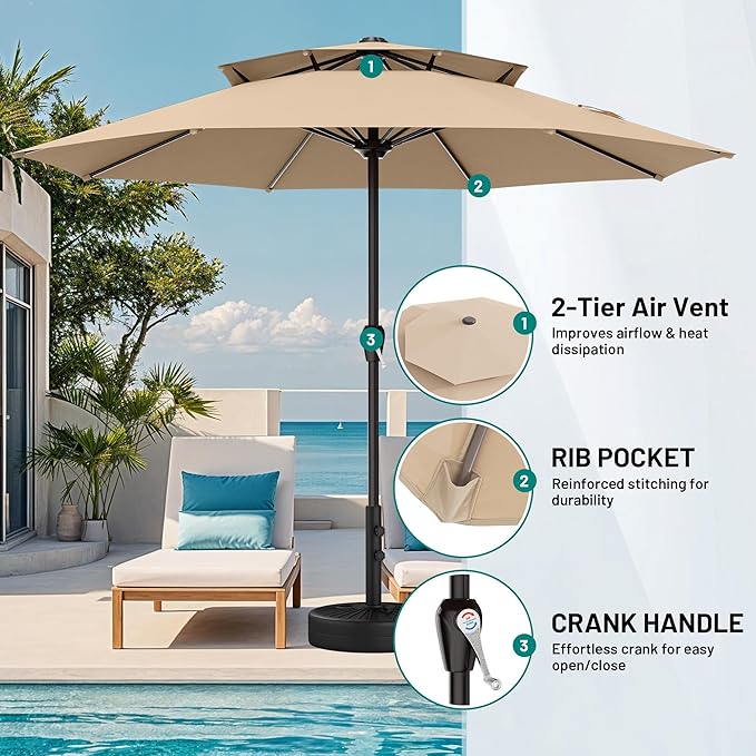 AreShark 12ft 2 Tiers Patio Umbrella - Outdoor Umbrella Waterproof UV Protection, Market Table Umbrella w/ 8 Sturdy Ribs&Crank for Pool, Porch, Garden(Beige)