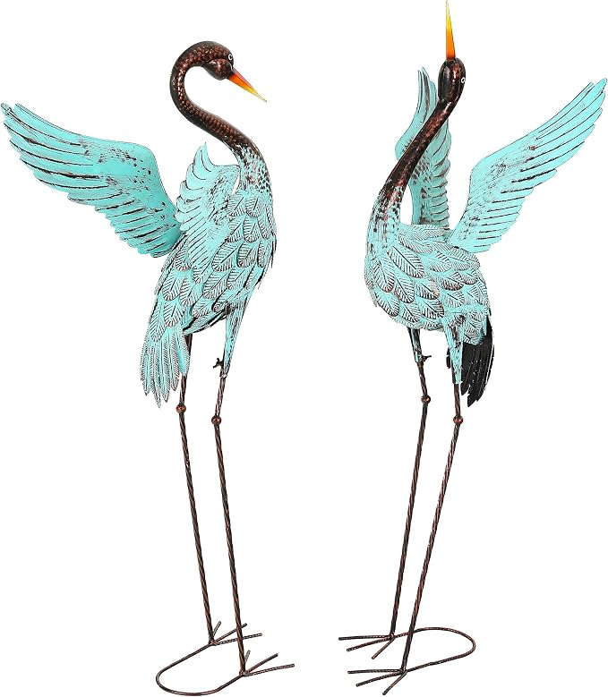 47.5" Blue Heron Decor, Metal Crane Statue Handcrafted | Extra-Large Metal Garden Bird Animal Yard Art, Stable U-Ground Stakes, Backyard Decoration for Lawn
