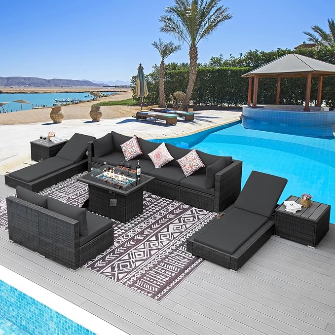 NICESOUL 11 Piece Outdoor Furniture Set with Fire Pit Table Natural Gas/Propane, 29.3'' High Back Comfy Patio Sectionals w/Chaise Lounger, Modern Large Deep Rattan Sofa Set for Garden Backyard, Gray