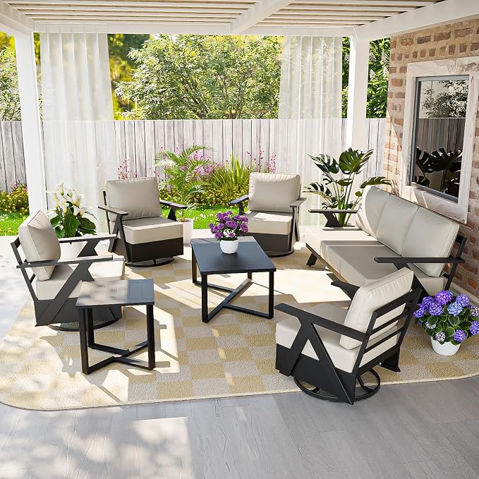 COOS BAY Iron Luxe 7 Piece Outdoor Patio Furniture Set, Modern Patio Conversation Set with 4 Swivel Rocking Chairs, a 3 Seat Couch, Coffee Table & Side Table for Deck, Garden, Porch, Black/Beige