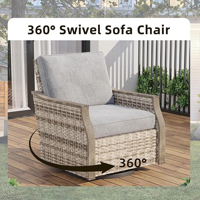 MELLCOM 4 Pieces Outdoor Patio Furniture Set with Swivel Chairs, All Weather Rattan Wicker Patio Conversation Set with 3-Seater Sofa, Coffee Table for Patio, Balcony, Porch, Deck