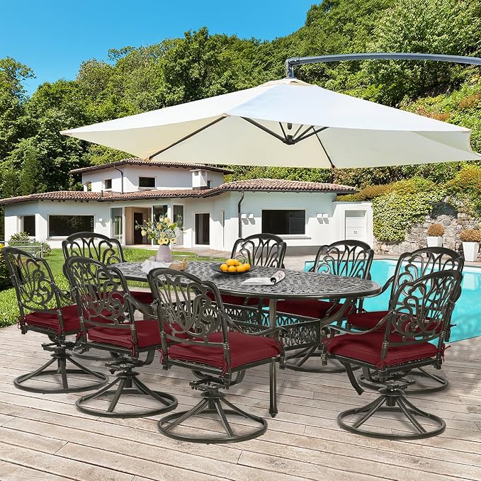 9-Piece Patio Dining Set, Outdoor Patio Table and Chair Set of 84” Oval Cast Aluminum Dining Table with Umbrella Hole, 8 Patio Dining Swivel Chairs Padded, Patio Funiture Set, Red