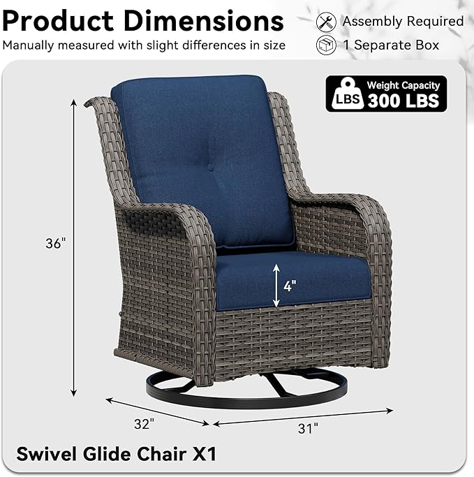Outdoor Swivel Rocker Patio Chair - Outdoor Wicker Patio Furniture with Thickened Olefin Cushions, High Back and Deep Seating, Hand-Woven PE Rattan for Porch, Deck, Balcony, Blue