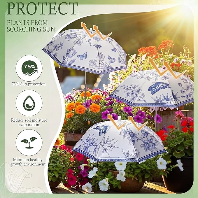 Hillban 6 Pack Plant Shade Umbrellas for Outdoor Plants 23.6" Large Garden Umbrella Shade for Potted Flower with Adjustable 40" H Sunshade Cover for Patio Garden Bed Flowers(Blue and White Porcelain)